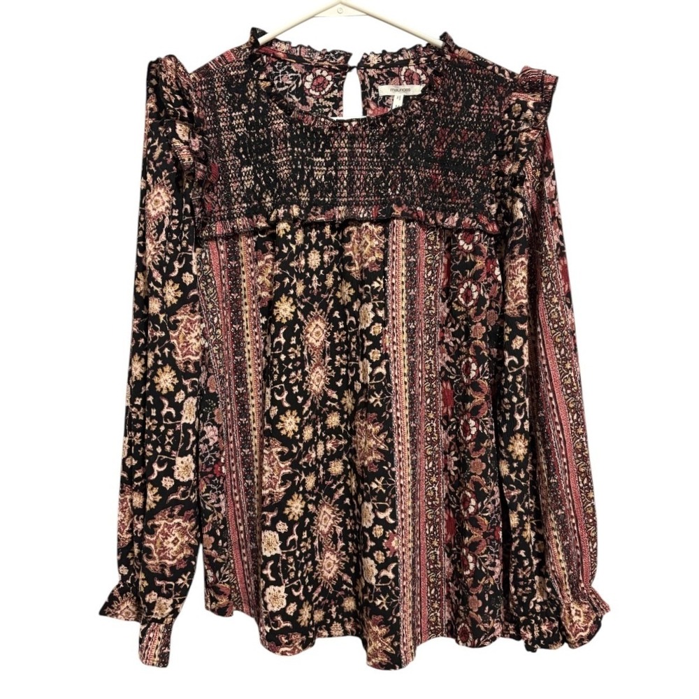 Maurices Womens Smocked Ruffle Floral Paisley Blouse Black Red Medium NWT